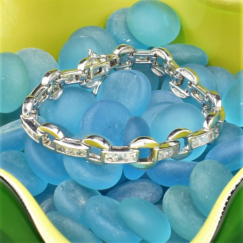 Sterling Silver CZ Square Link Bracelet Rhodium PL